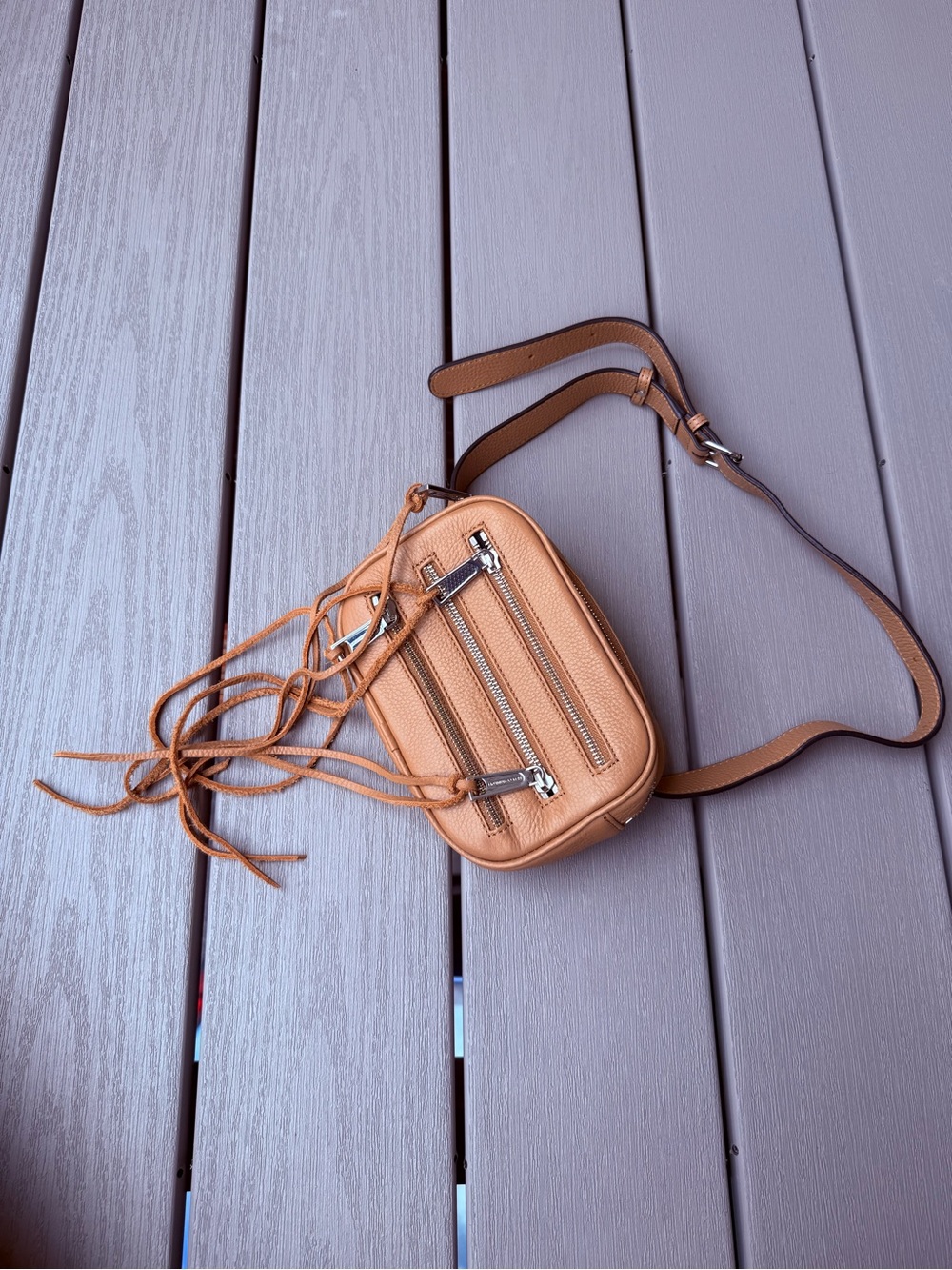 Rebecca Minkoff 3 Zip Fringe leather belt bag in a beautiful Desert Tan